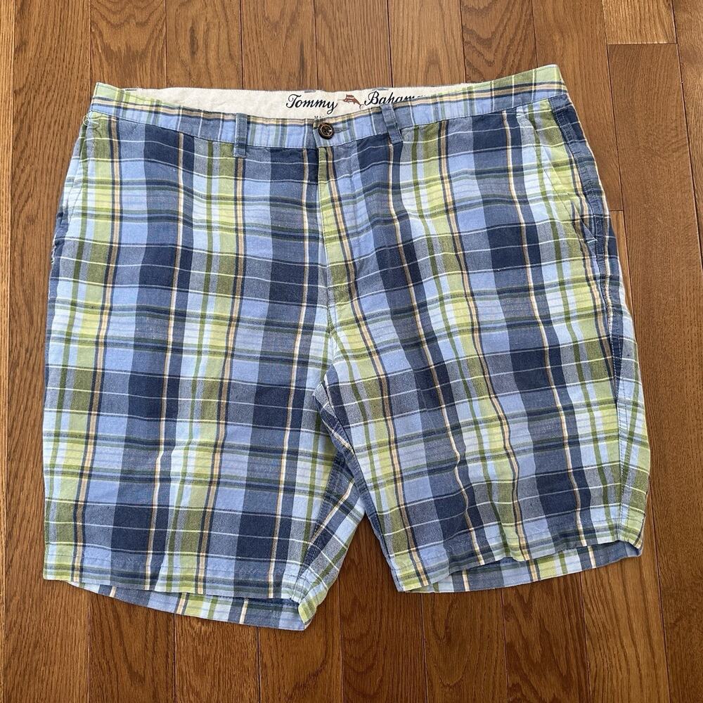Tommy Bahama Shorts Mens 40 Chino Flat Front Plaid Blue Green Linen Tencel Blend